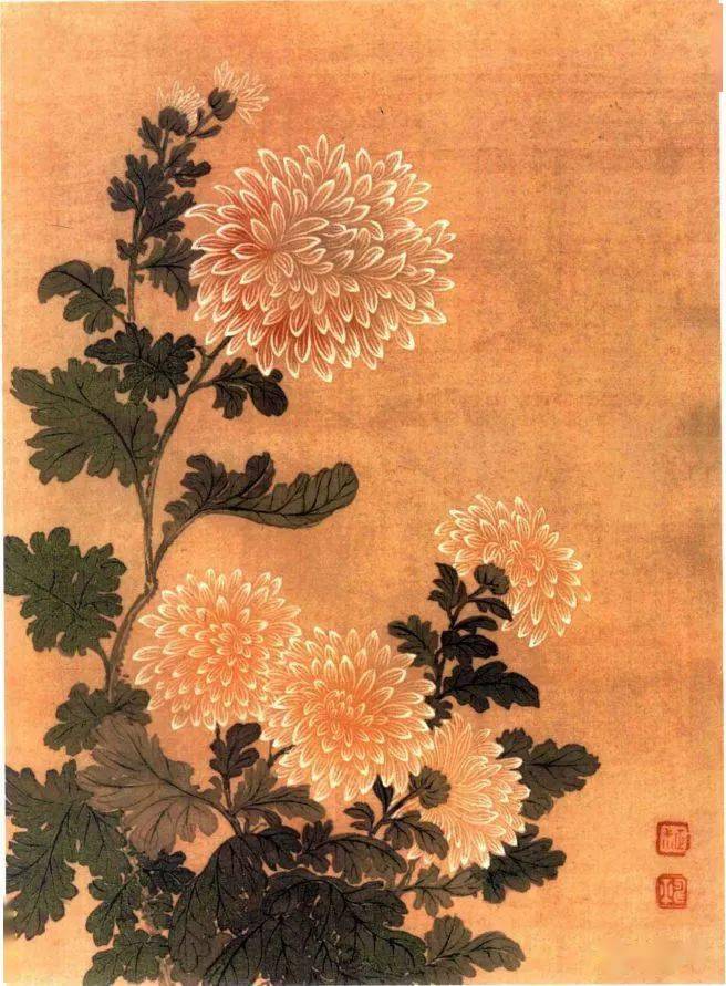 恽寿平画菊作品欣赏步骤四:题诗,落款并钤印,完成整幅作品的临摹.