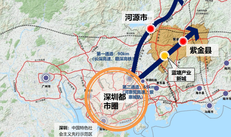 紫金县蓝塘镇,紧邻湾区,距惠州市区50公里,至惠州平潭机场,河源高铁