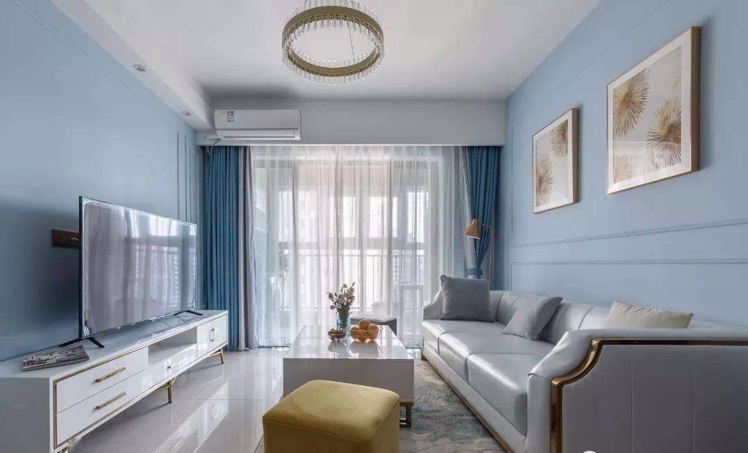 效果图99㎡简美轻奢三居清新的灰蓝色与柔和的烟灰粉带来一室优雅浪漫
