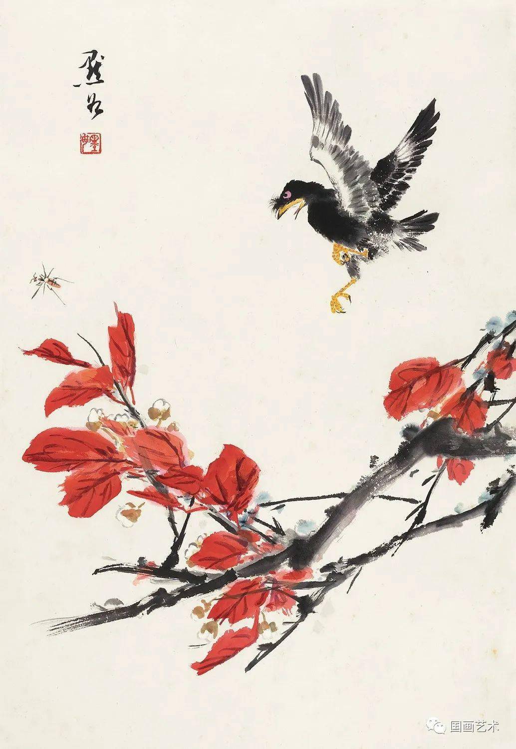 画里秋色:名家笔下的红叶小鸟