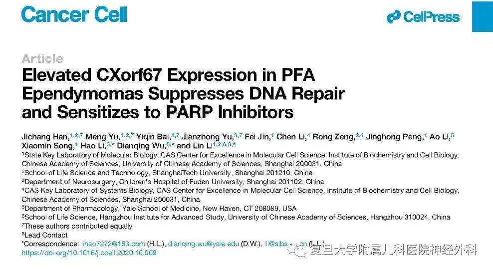 院李林團隊,耶魯大學吳殿青團隊開展的室管膜瘤的相關研究成果發表在