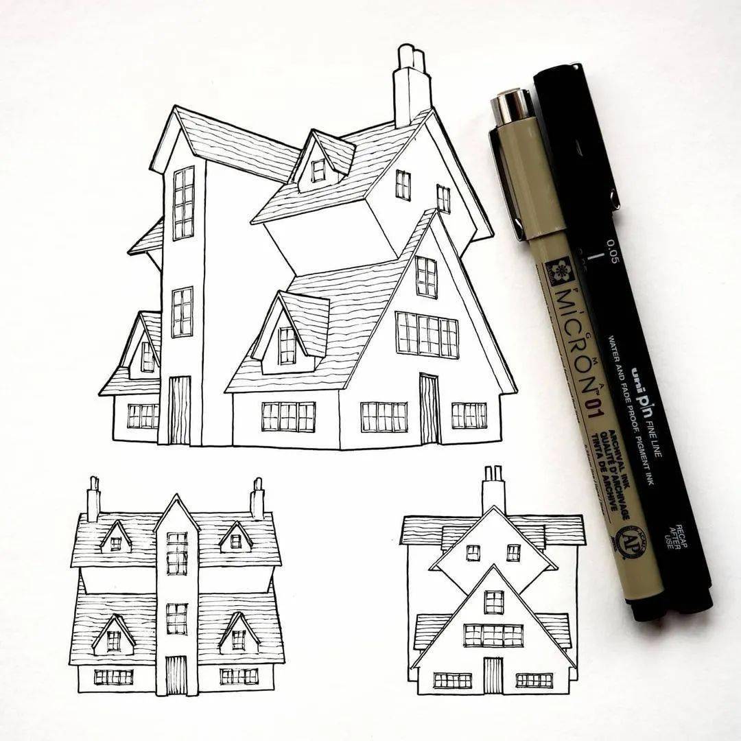 房子为主的针管笔手绘线条看着是真舒服