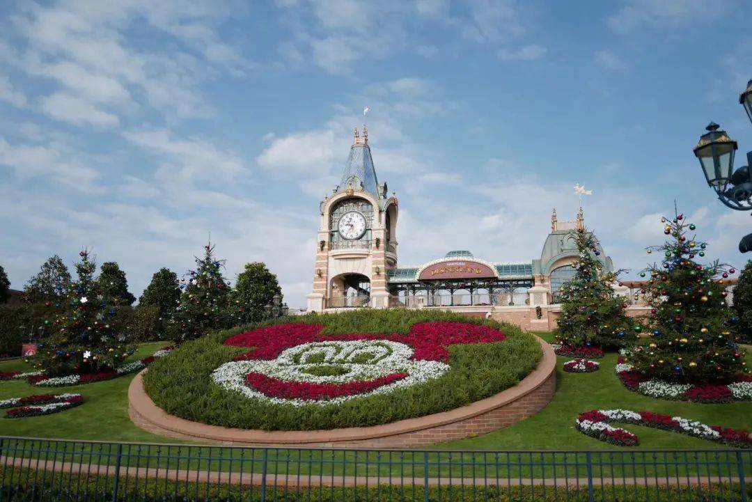 上海迪士尼乐园的花坛也换上圣诞装扮,欢乐的节日气氛从一进门就扑面