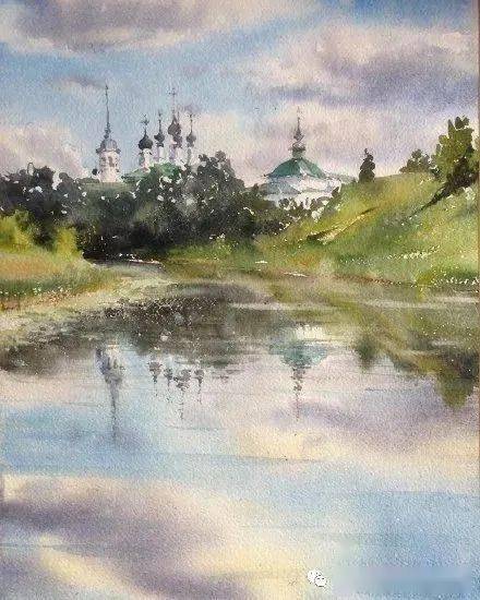 水彩欣赏波光粼粼的水面光与色幻化出清澈斑斓的画面