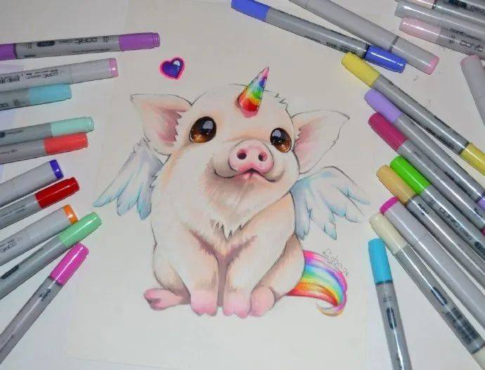 马克笔手绘一组马克笔萌宠精灵插画可临摹