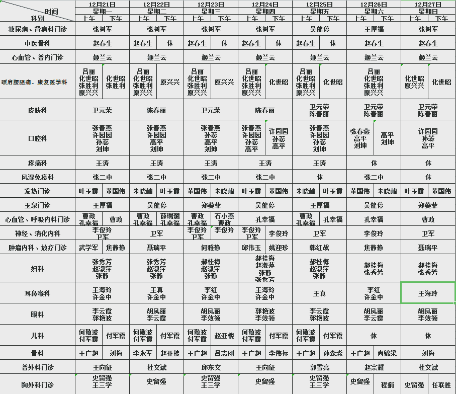 【门诊排班】门诊坐诊医生排班表(2020年12月21日—12月27日)