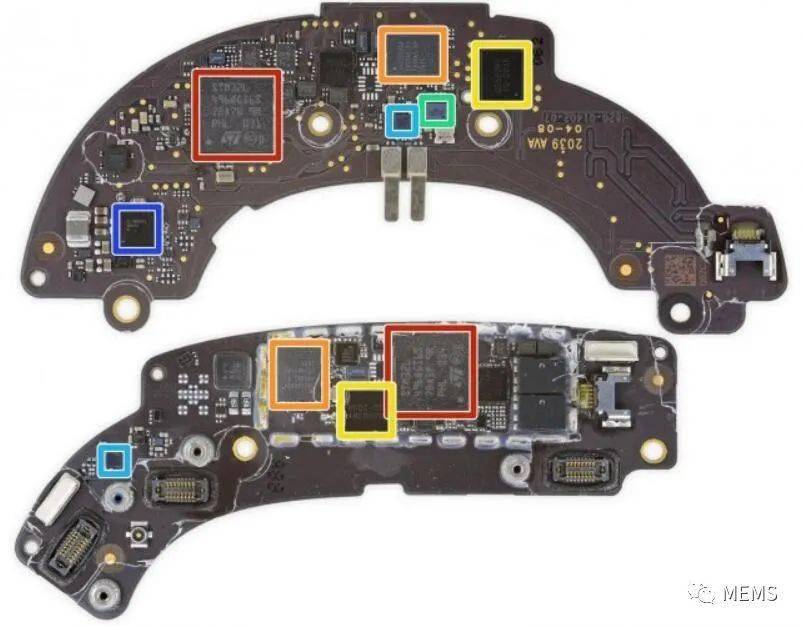 苹果343s00404蓝牙soc(可能是左右各一颗的h1芯片)黄色:华邦w25q256jw