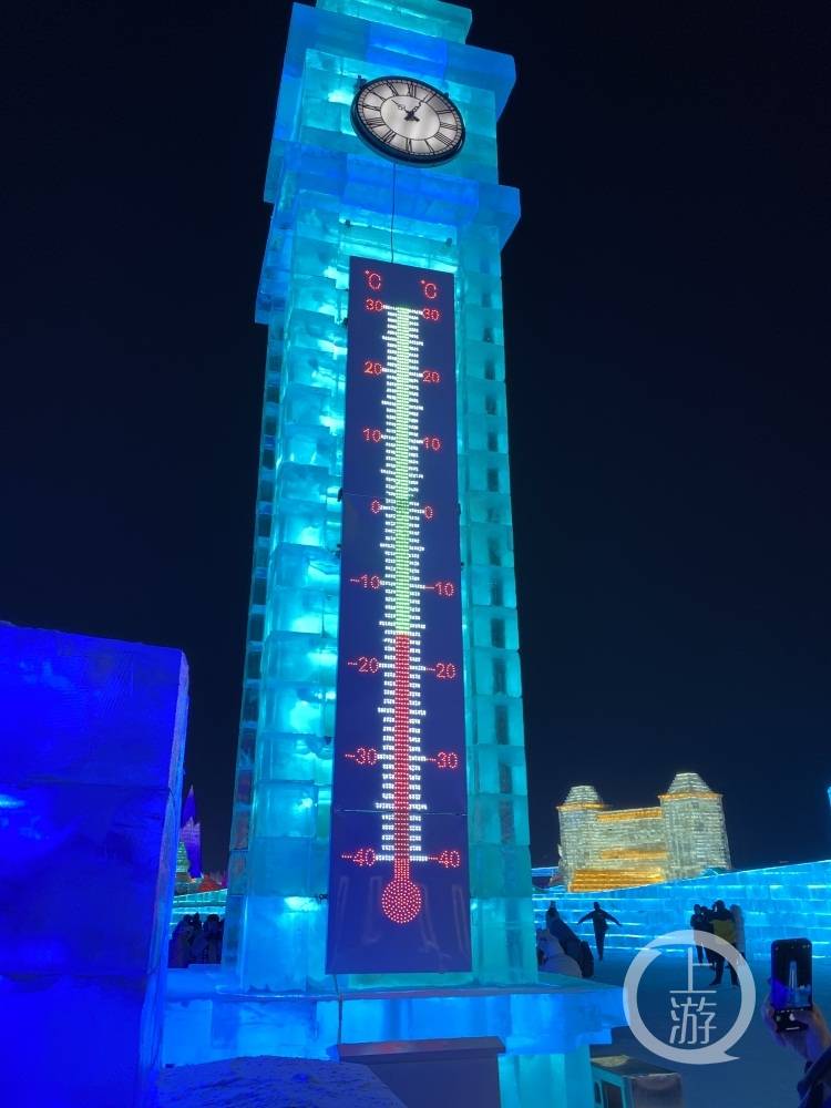 12月26日,第22届哈尔滨冰雪大世界内的温度计.