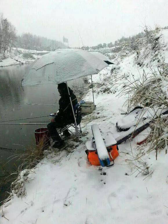 下雪天阻擋不了釣魚人的腳步,為釣魚人的精神點贊