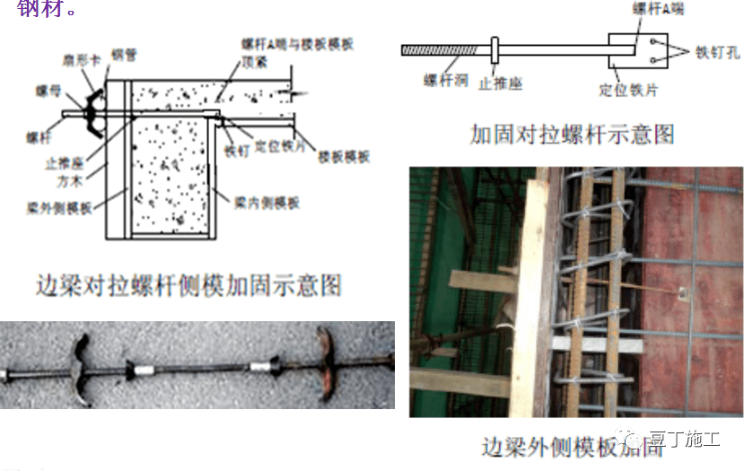 边梁模板钻螺杆洞,梁内放水泥衬条控制梁截面尺寸,穿入螺杆,垫片部位