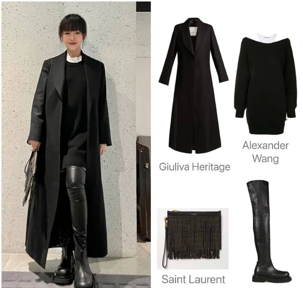 大s的照片,照片中,大s以all black造型出现,黑色大衣搭配黑色过膝长靴
