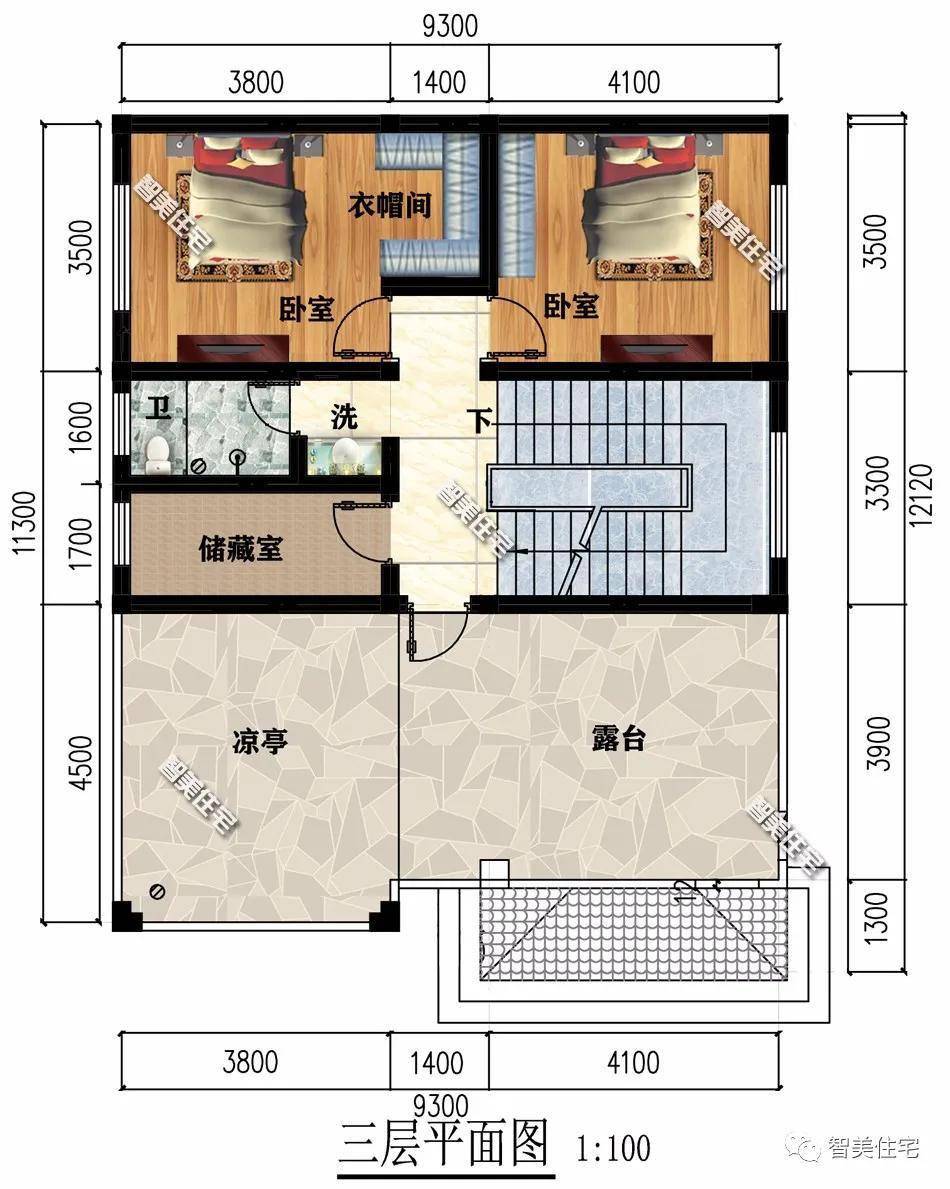 5米,面宽进深尺寸都不大,外墙面用面砖搭配真石漆装饰,屋面处用红瓦