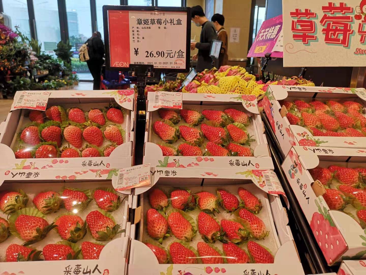 在金沙洲的永旺超市内,草莓种类很丰富,不同品类的价格相差较大.