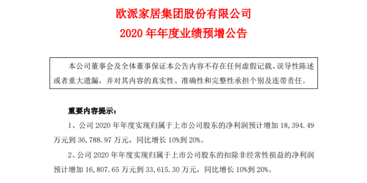 欧派家居:2020年预计营收最高增长20.30亿元