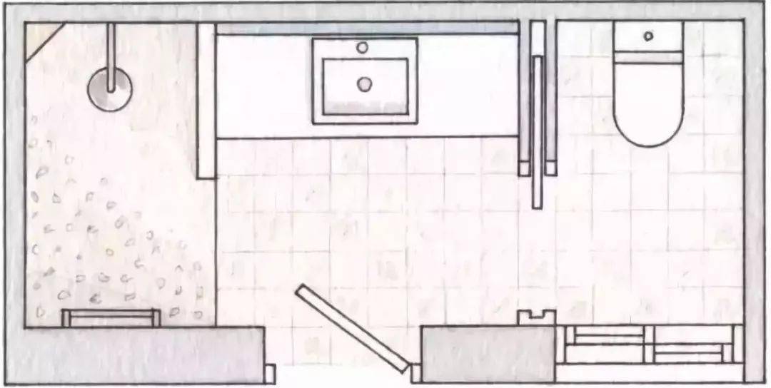 长方形卫生间:把洗手台,坐便器,淋浴区并列排放.