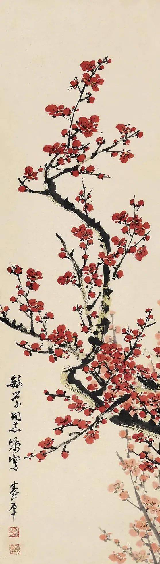 董寿平写梅，赏心只需两三枝_红梅