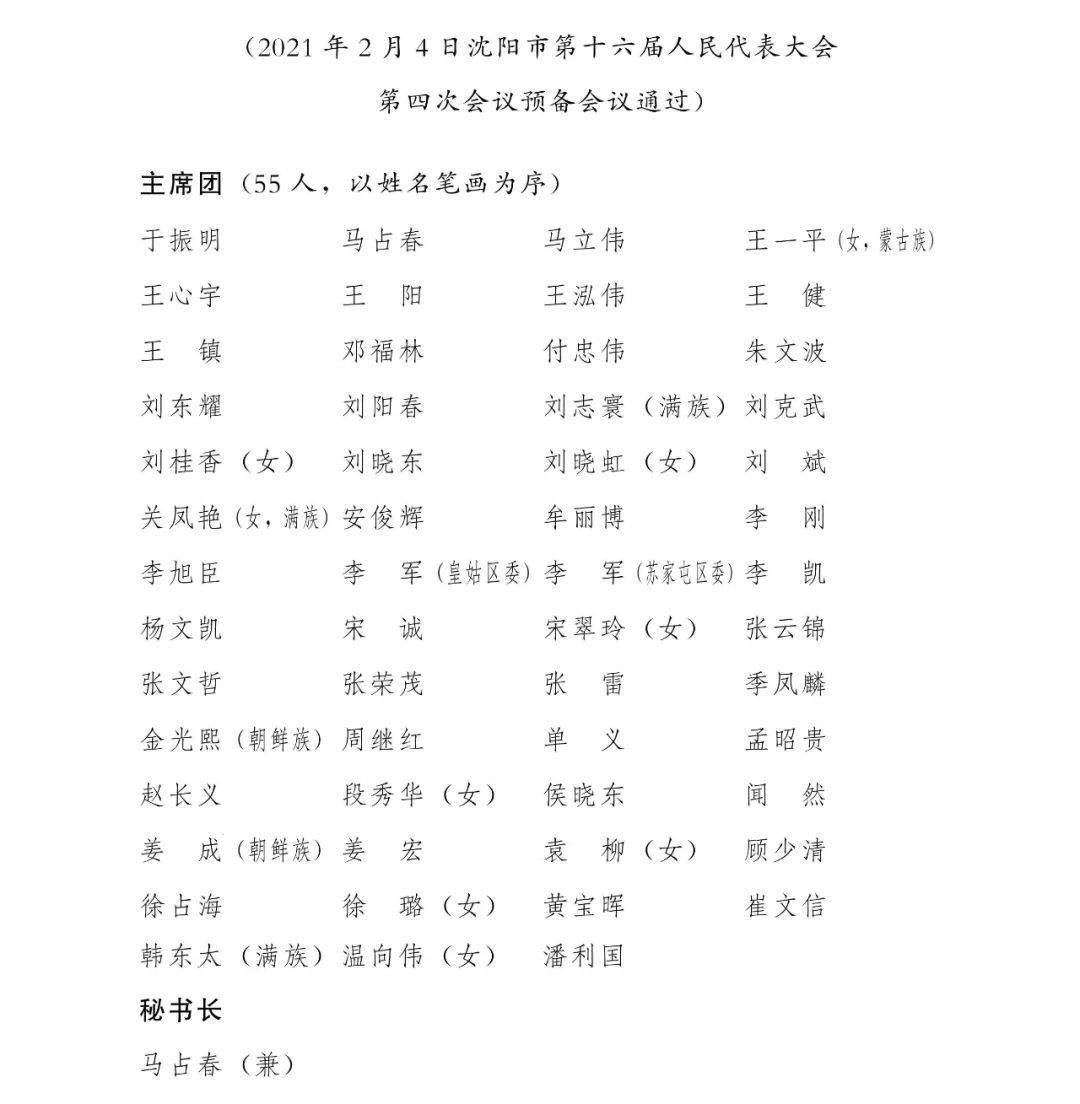 沈阳市第十六届人民代表大会第四次会议主席团和秘书长名单