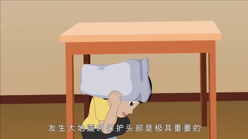 发生大地震时保护头部是极其重要的待地震过后再有序地撤离要立即躲在