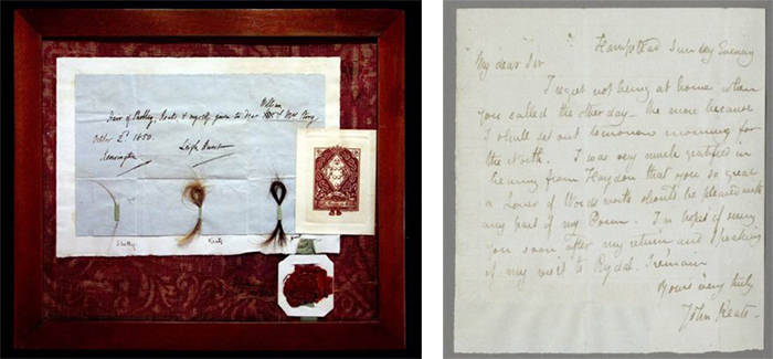 雪莱和亨特的头发,欧洲曾流行友人互赠头发的传统;右图:济慈书信手稿