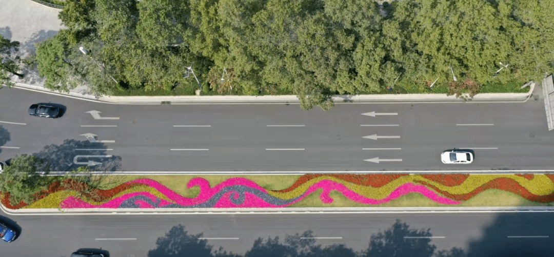 交汇处在原有时花种植的绿化地面,该出花境设计采用波浪式云纹为基底