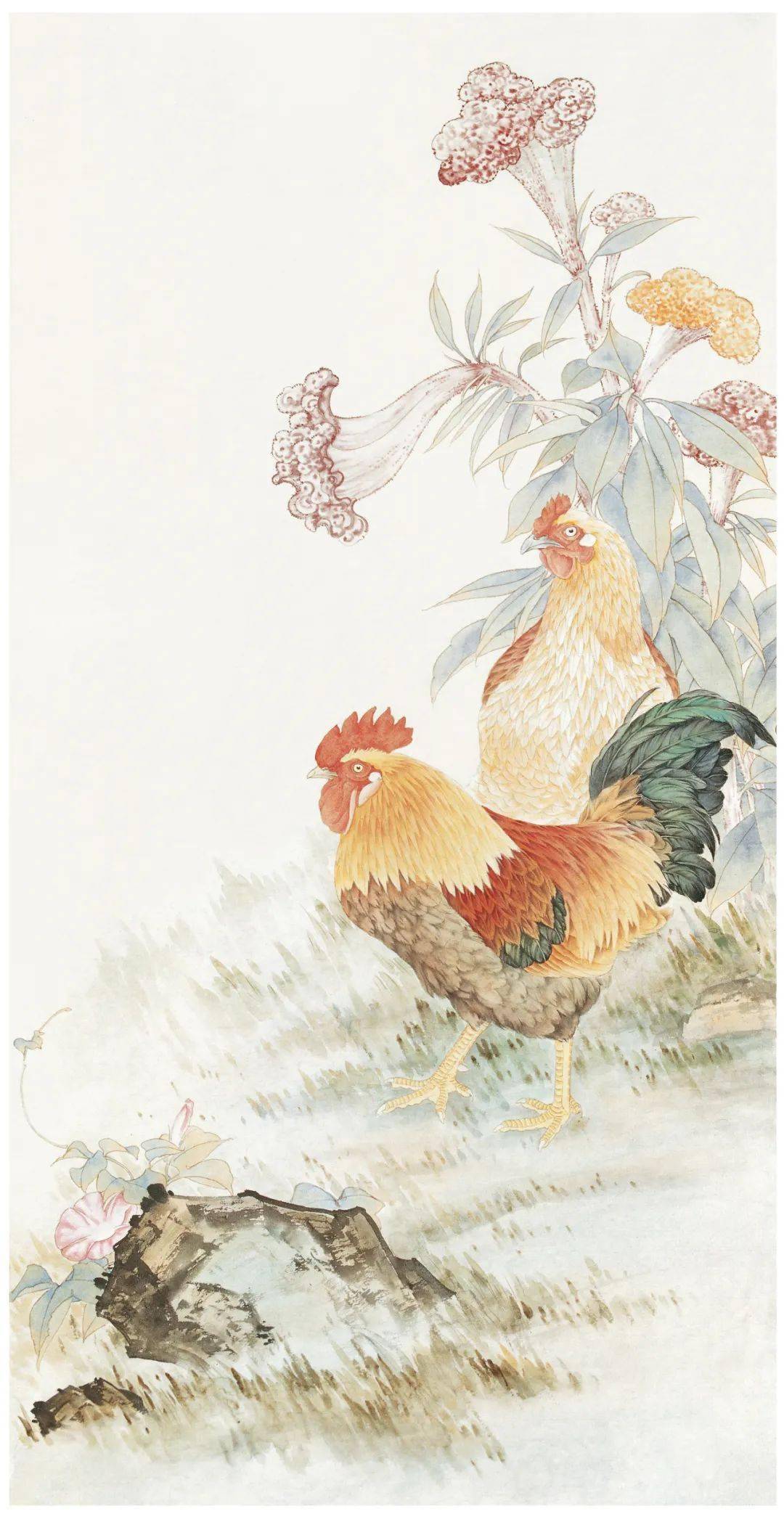 中墨勾鸡冠花,牵牛花的花头和叶子.重墨勾皴石头和坡地,略加渲染.