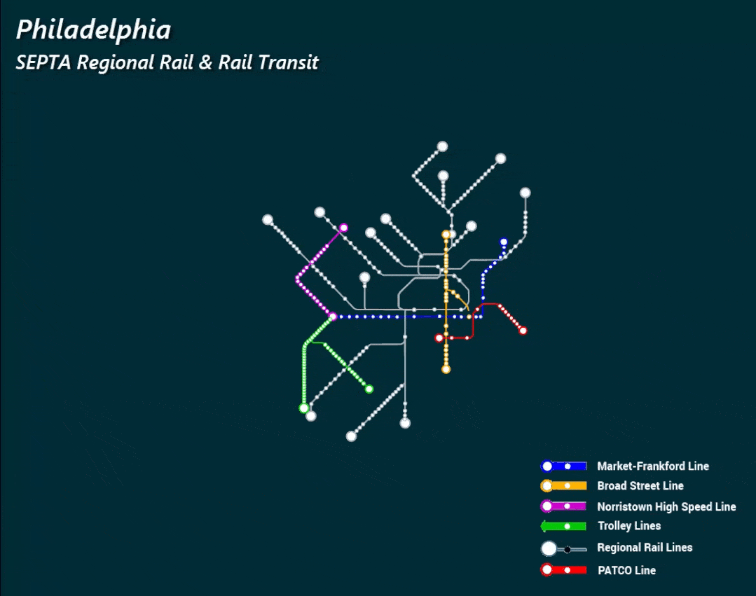 地图初次发布费城拥有令人惊讶的多样化的公交系统,包括通勤铁路,快速