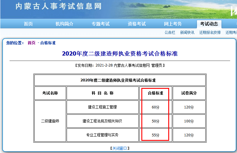 内蒙古二建成绩 合格标准已公布 成绩查询 内蒙古2020年二级建造师