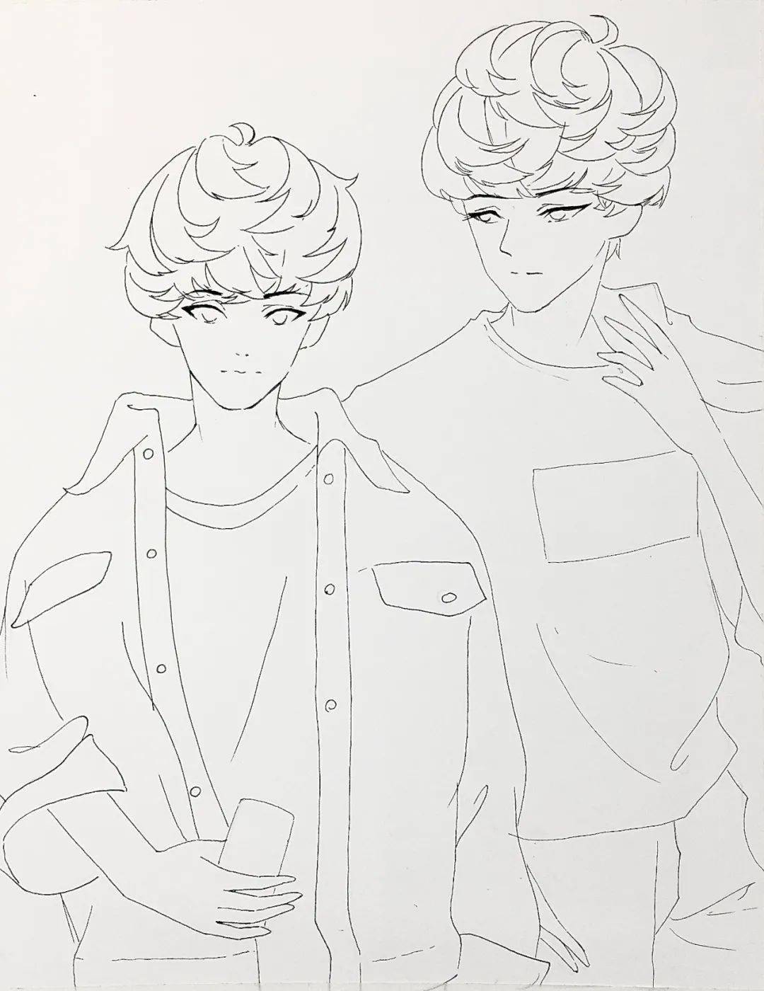 ▽针管笔画线稿部分▽成图预览这节课我们还是绘制手绘动漫线稿本中的