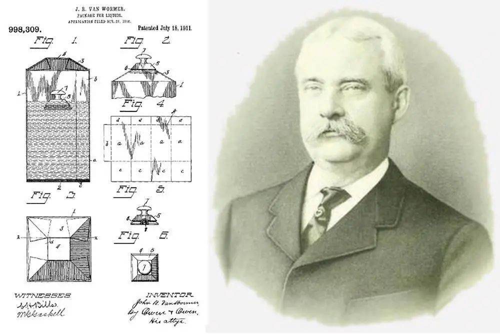 1911 年约翰的设计图纸,可以看到牛奶纸盒的雏形,单张纸板通过折叠,拼