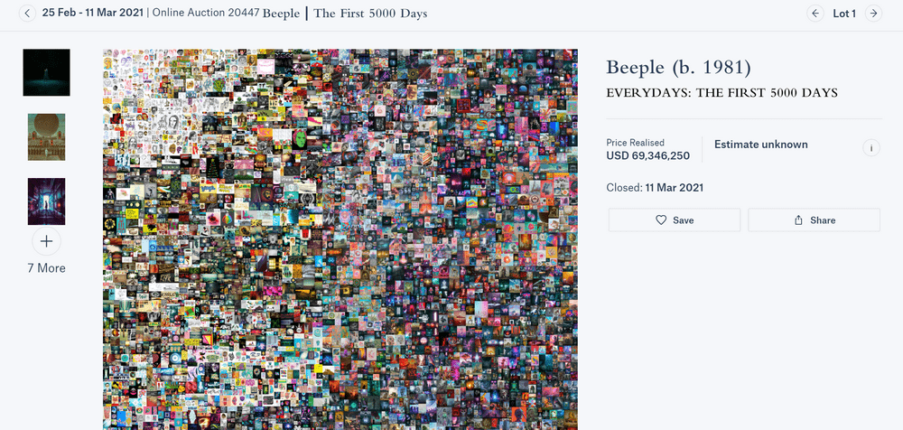 史正丞)讯,当地时间周四,佳士得拍卖行宣布引发市场热议的nft艺术品