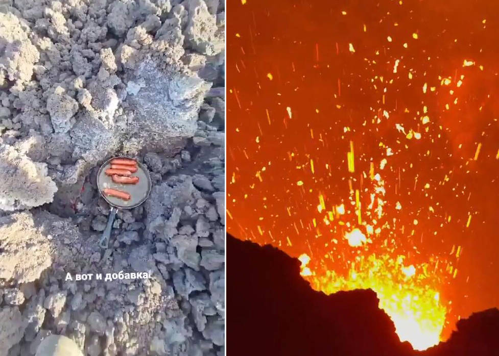 俄罗斯大胆登山者爬上活火山 在熔岩上烤香肠