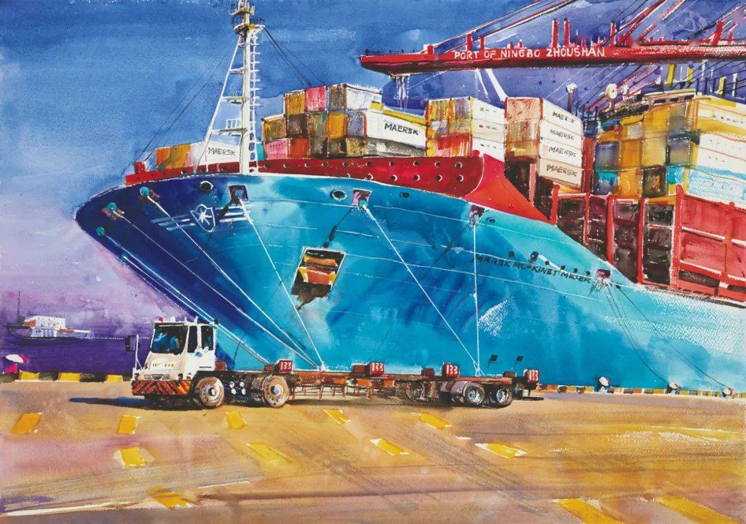 水彩画77x110cm杨斌 《北仑集装箱码头2》水彩画77x110cm杨斌 《归港