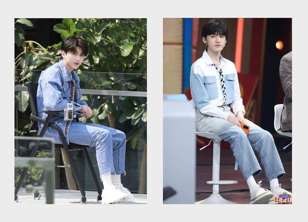 蔡徐坤和宋亚轩在录制节目中不约而同地选择了用白袜子来搭配牛仔元素