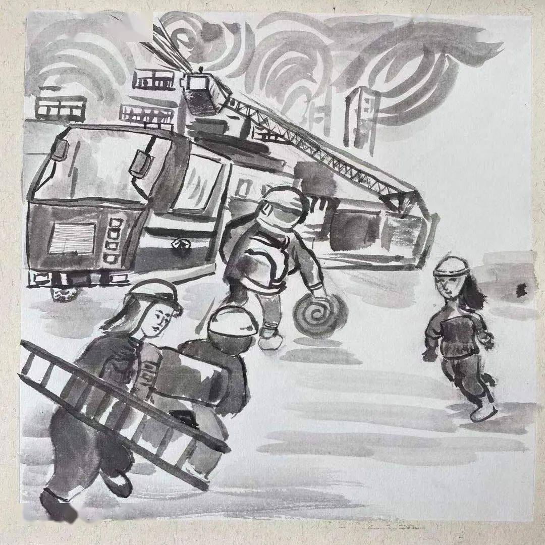 作品:《火速救援》 作者:刘姝含作品:《致敬消防员》作者:金翔宇作品