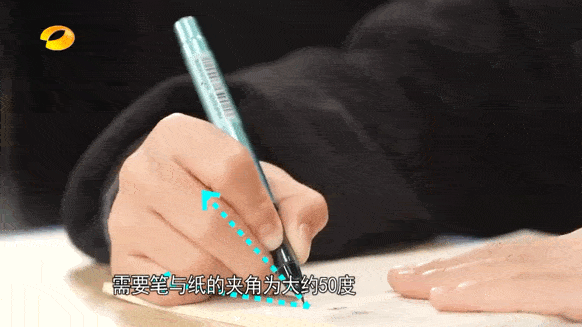 笔与纸的夹角为大约50度,三指执笔时食指指尖距笔尖约三厘米(大约一寸