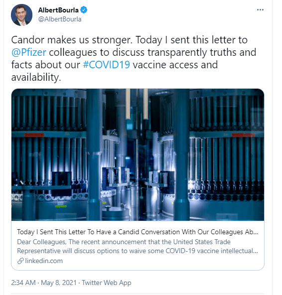 美国政府|辉瑞CEO发公开信：“坚决”反对放弃疫苗知识产权！