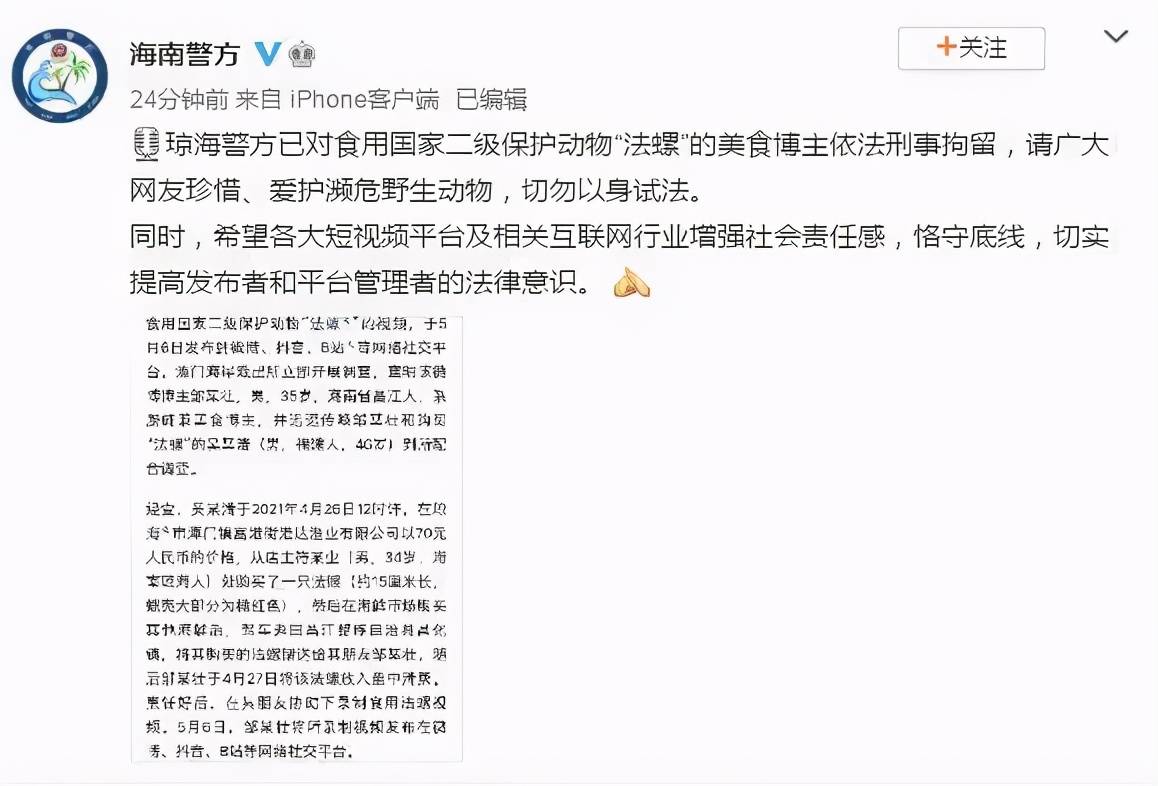 琼海警方已对食用国家二级保护动物"法螺"的美食博主依法刑事拘留,请