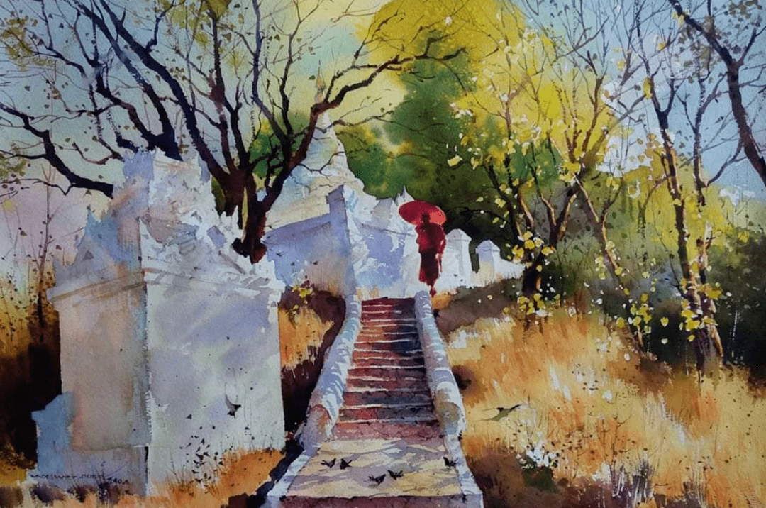 缅甸水彩画家myoewinaung作品欣赏小僧侣