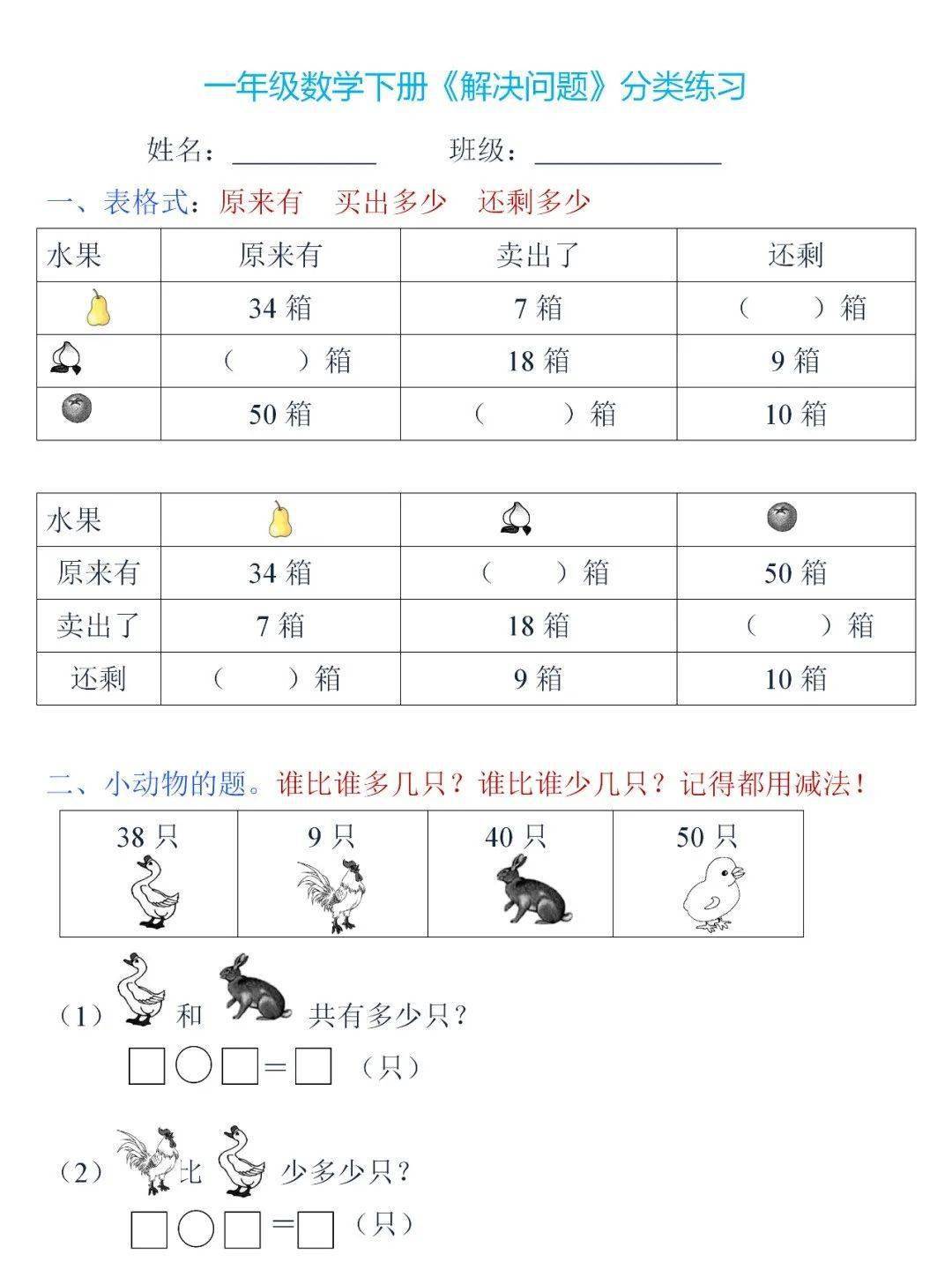 一年级数学下册《解决问题》分类练习题,期末考点!