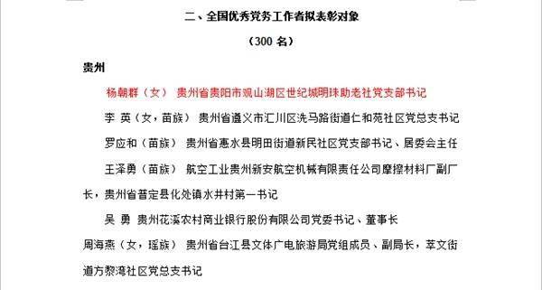 观山湖区世纪城明珠助老社党支部书记杨朝群,入选全国优秀党务工作者