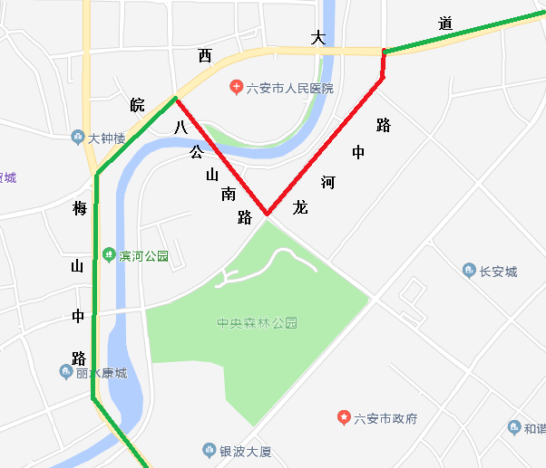 301路临时调整为:皖西大道—八公山南路—龙河中路—皖西大道恢复原