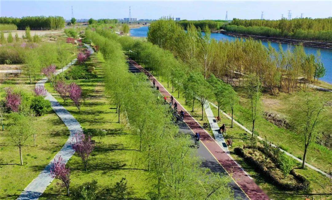 潮白河滨河道人们在骑行锻炼会上,宣读了《香河县城乡环境综合整治