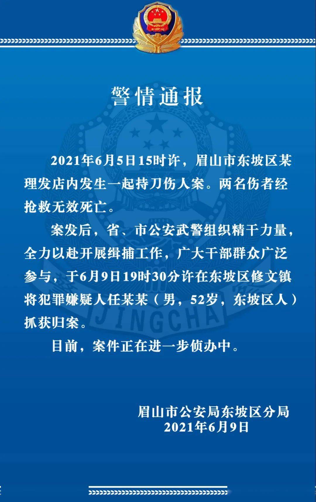 警情通报 任某某被抓获归案 东坡区