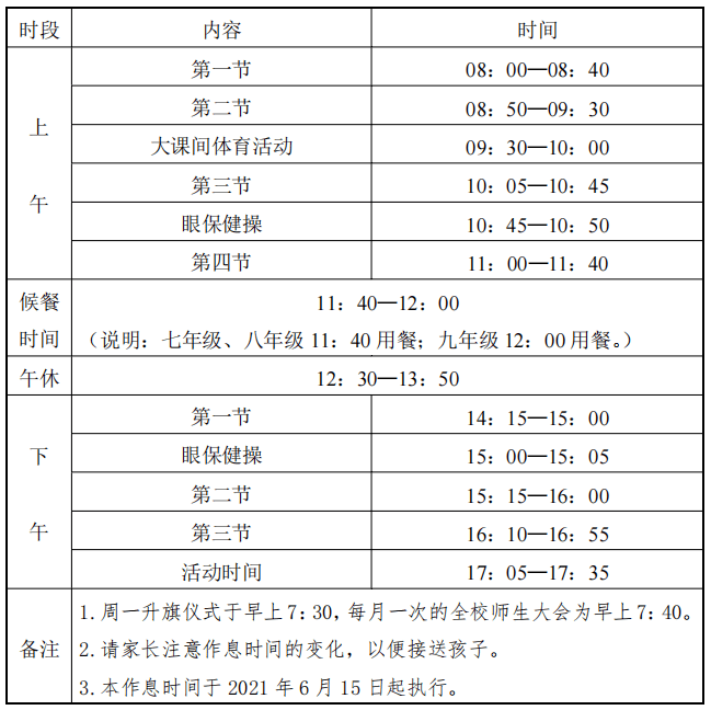 初中部7-9年級作息時間表小學部1-6年級作息時間表端午節為每年農曆