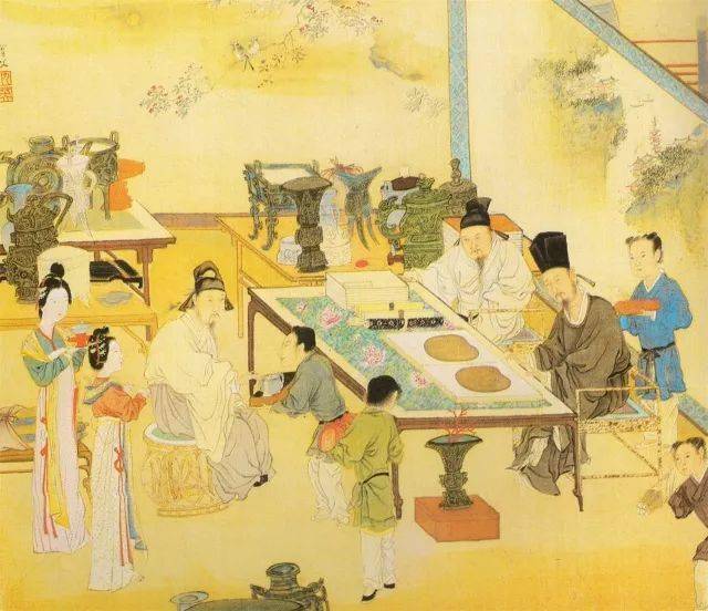 明代 杜堇 《玩古图》局部中赏玩器物的士大夫 (台北故宫博物院藏)