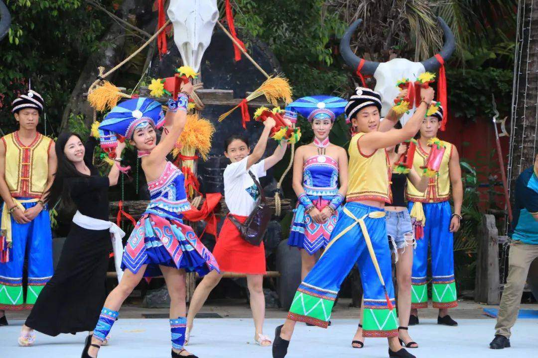 黎族苗族的阿妹阿哥在牛角大鼓的澎湃鼓点下,板凳舞,扁担舞,舂米舞等