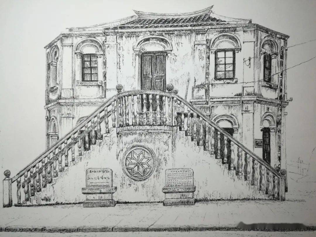 蒋忠军钢笔画景瓯海公学图书馆旧址