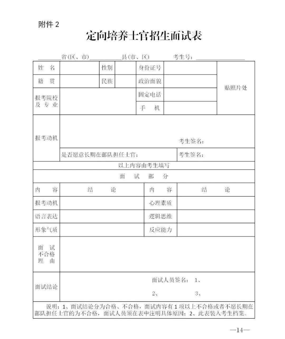 依據《定向培養士官招生面試表》(式樣見附件2,由各市徵兵辦公室按照