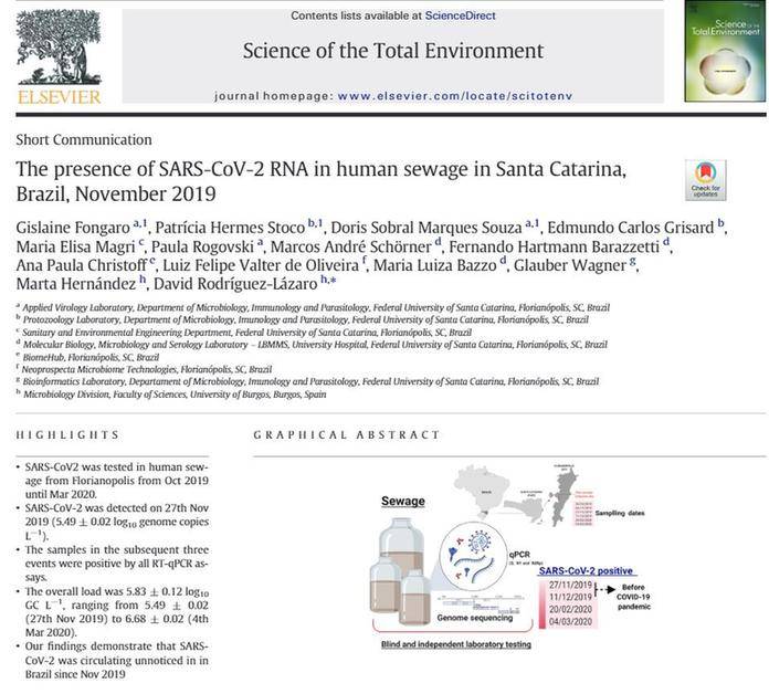 found|The presence of COVID-19 found in human sewage in Brazil in November 2019: Brazil researchers