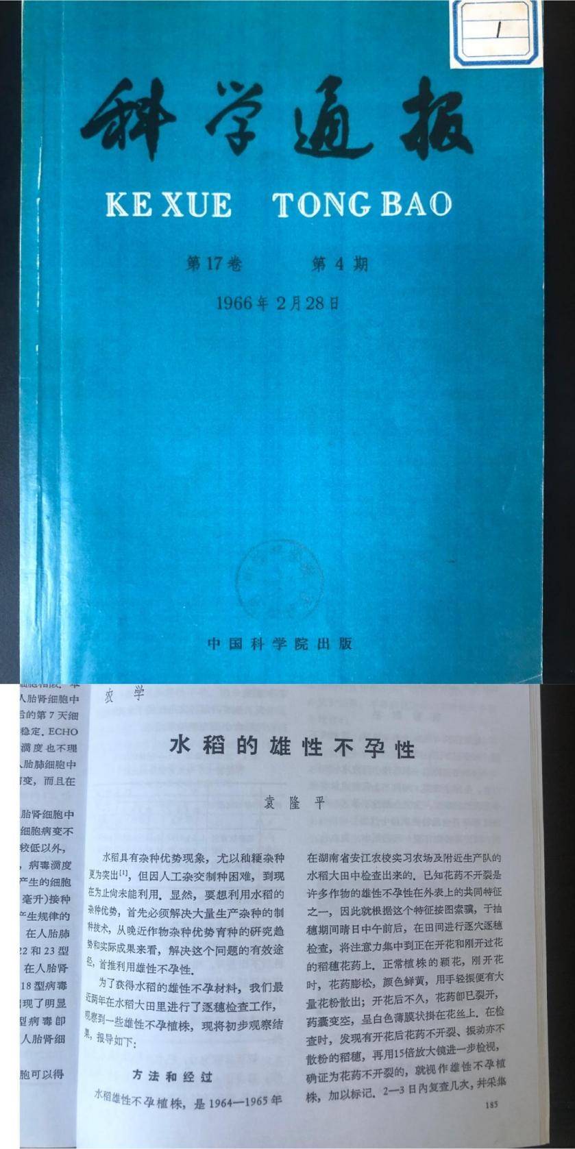 根据手稿整理成的论文《水稻的雄性不孕性》发表在《科学通报》期刊中